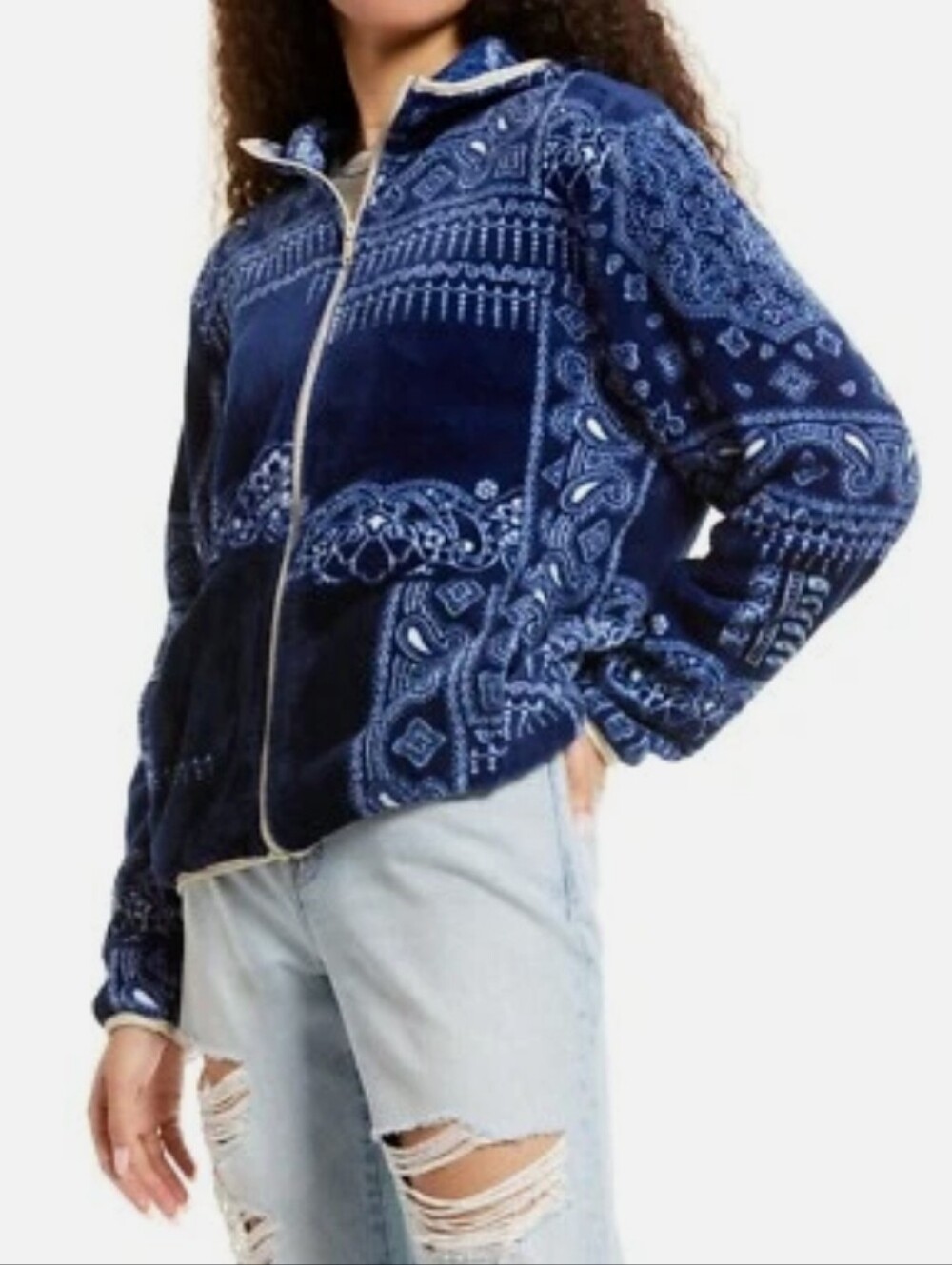 BP. Women's Faux Shearling Blue Paisley Patchwork Zip Hooded Jacket - M ($65 USD